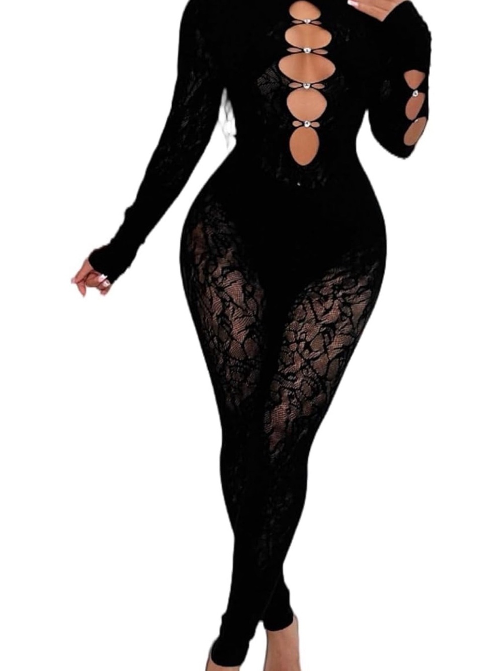 Black Lace Cutout Long-Sleeve Jumpsuit with Ring Accents